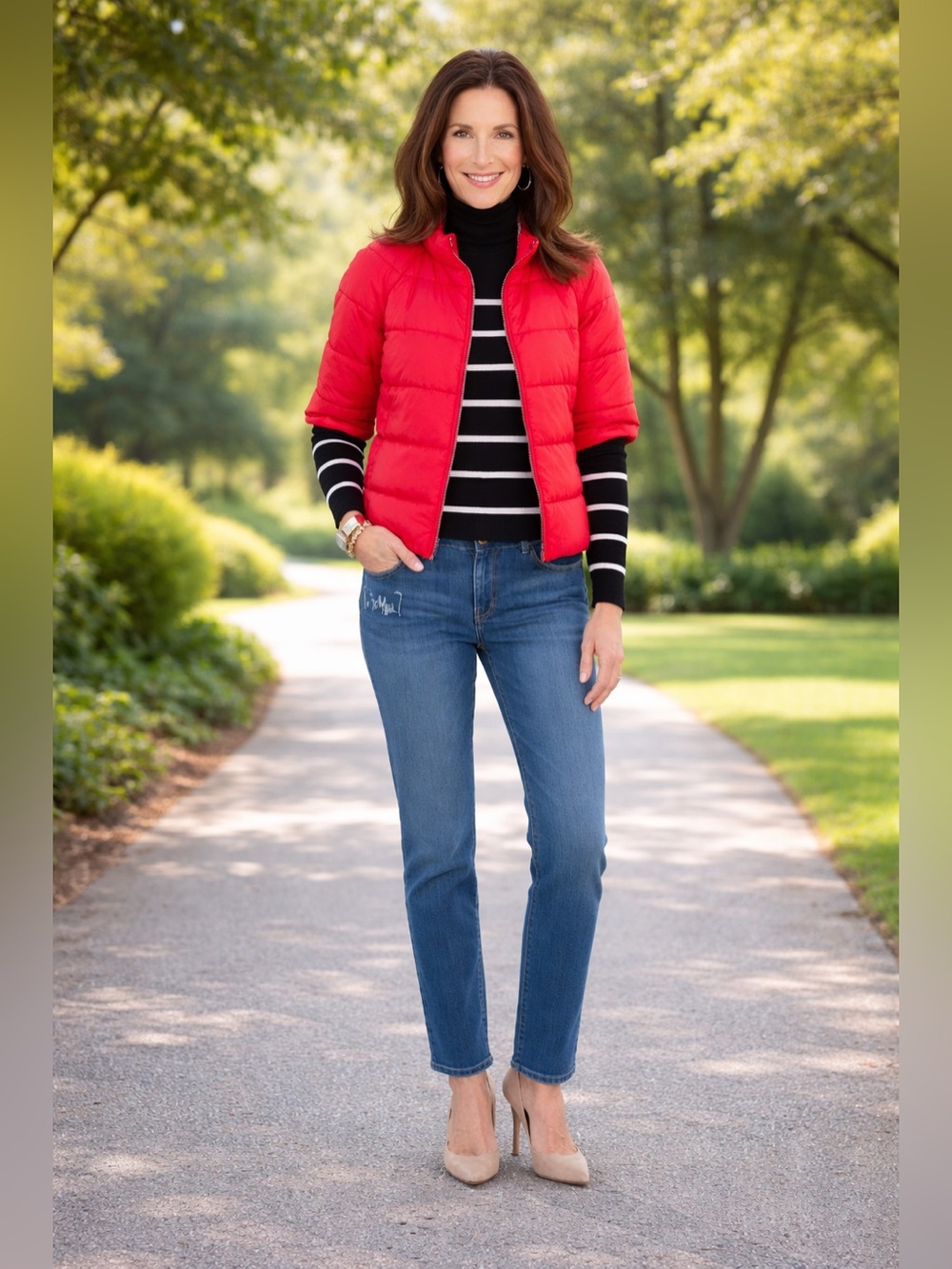 Chico's Red Cropped Puffer Jacket Short Sleeve Funnel Neck Striped Lining Large